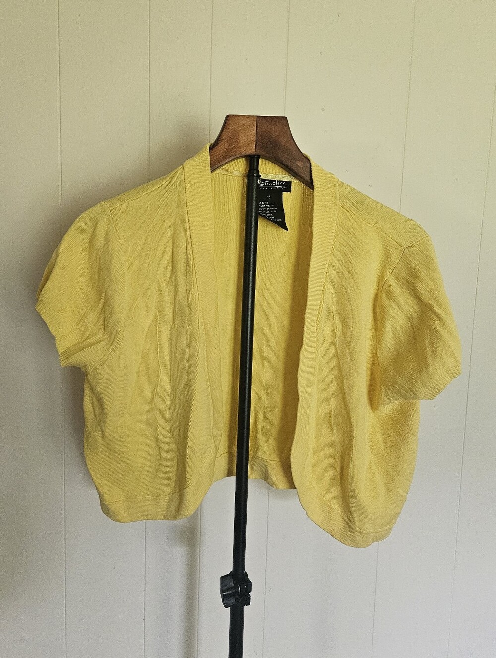 K Studio Bright Yellow Short-Sleeve Open Front Cropped Cardigan Size 16